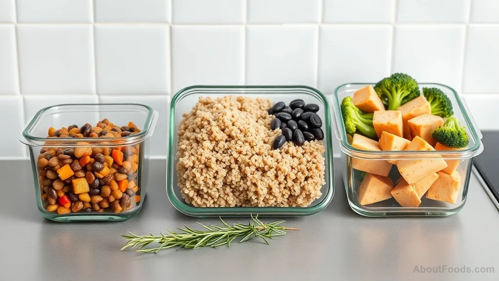 Three meal prep containers with plant-based high-protein meals: lentils, quinoa with black beans, and tofu with broccoli