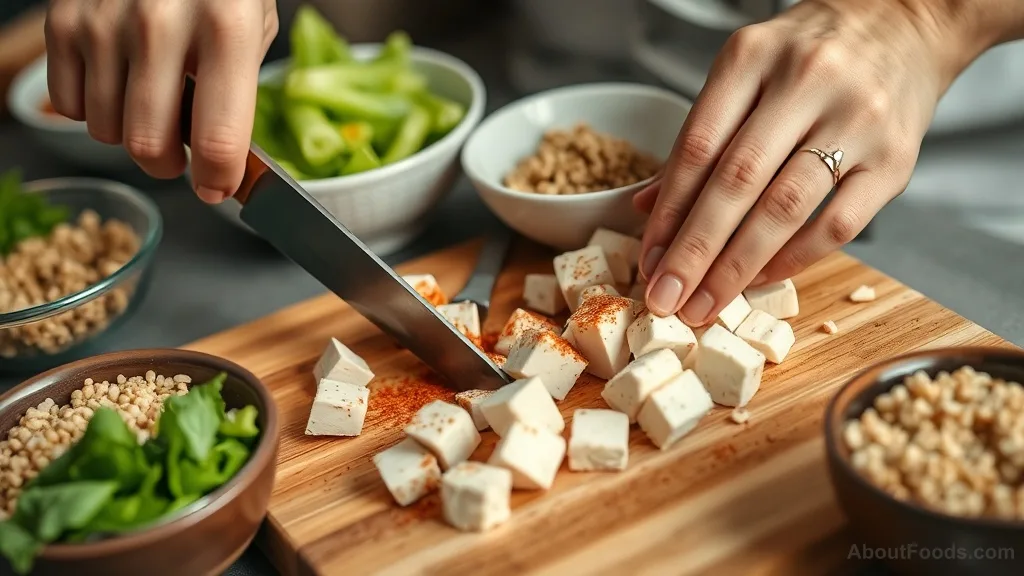 Hands prepping tofu and vegetables for meal prep with spices and cooked grains nearby