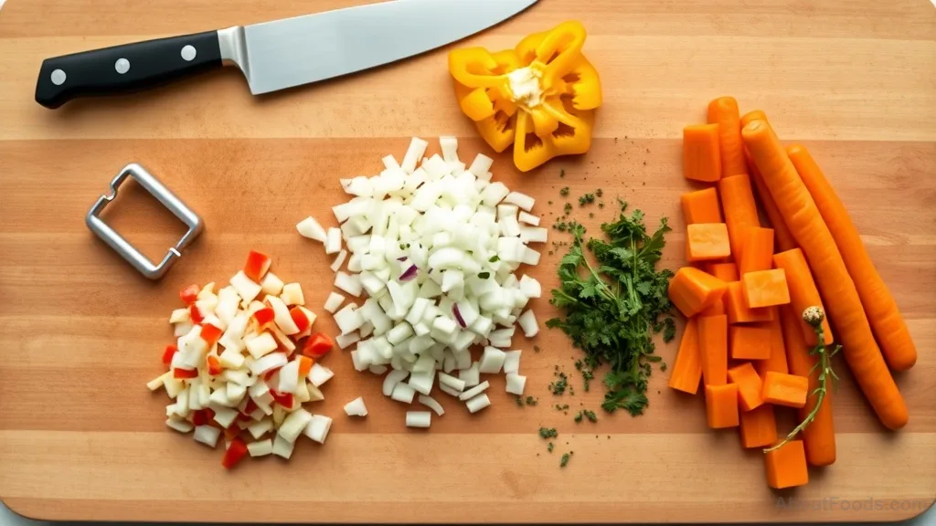 Pre-chopped vegetables and essential tools on a cutting board