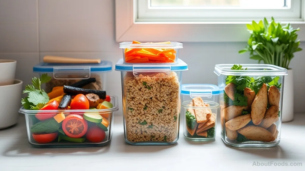 Assorted meal prep containers with prepared ingredients on a kitchen counter