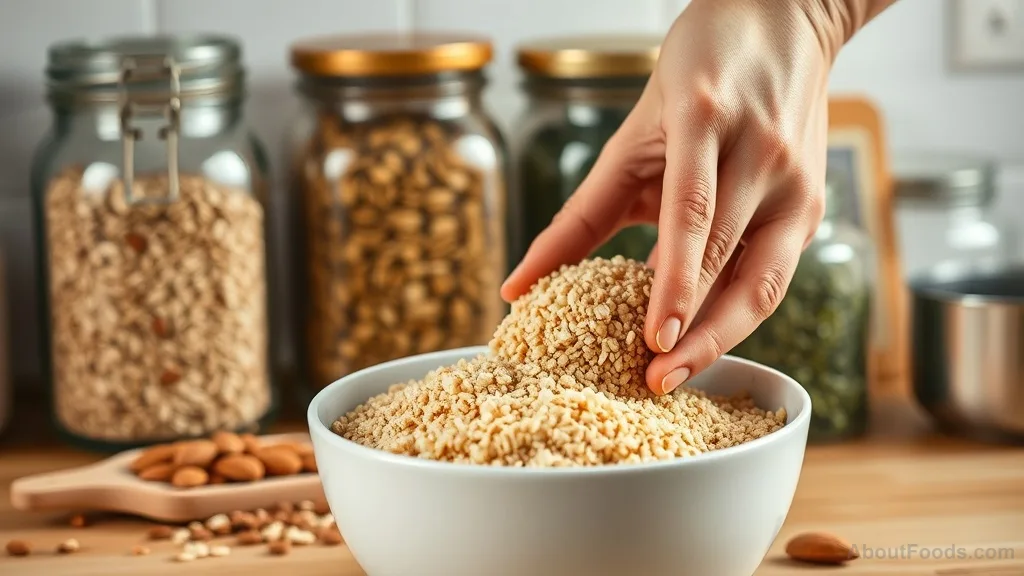 Hands adding quinoa to a bowl with pantry jars in background