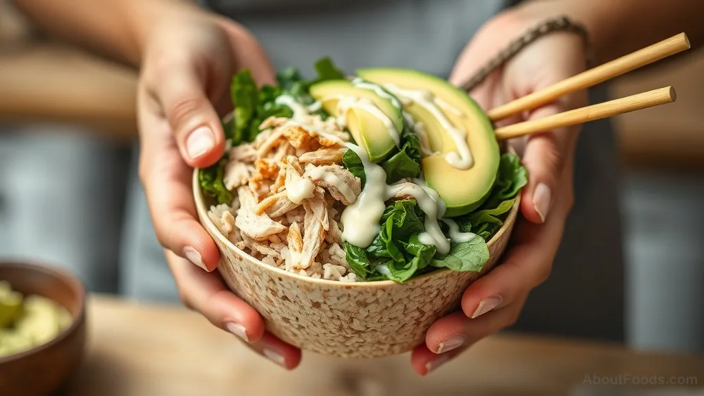 Hands building a grain bowl with rice, greens, chicken, avocado, and sauce