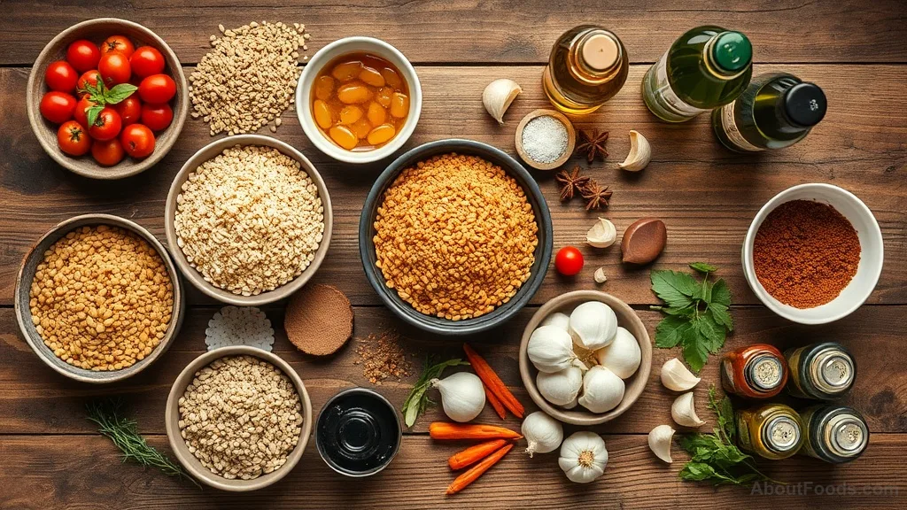 Collection of essential pantry ingredients arranged on a wooden table including grains, canned goods, oils, and fresh aromatics