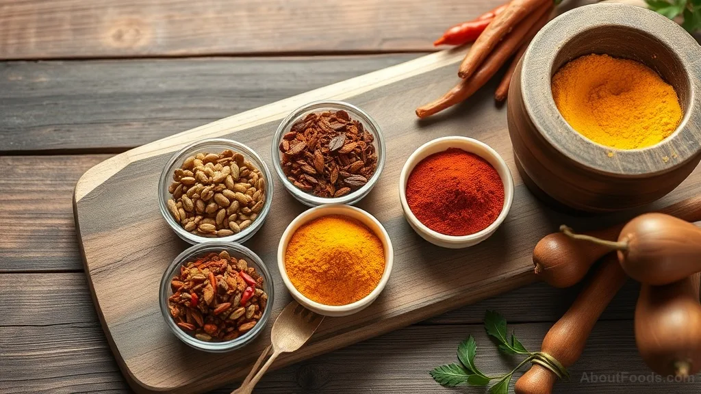 Assortment of whole and ground spices on a wooden board
