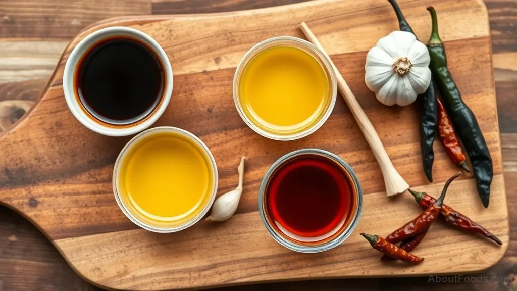 Asian pantry staples arranged on a cutting board with fresh aromatics