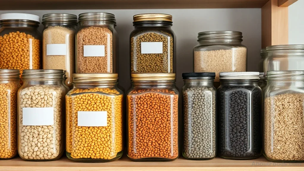 An organized pantry with glass jars containing various legumes, grains, and seeds