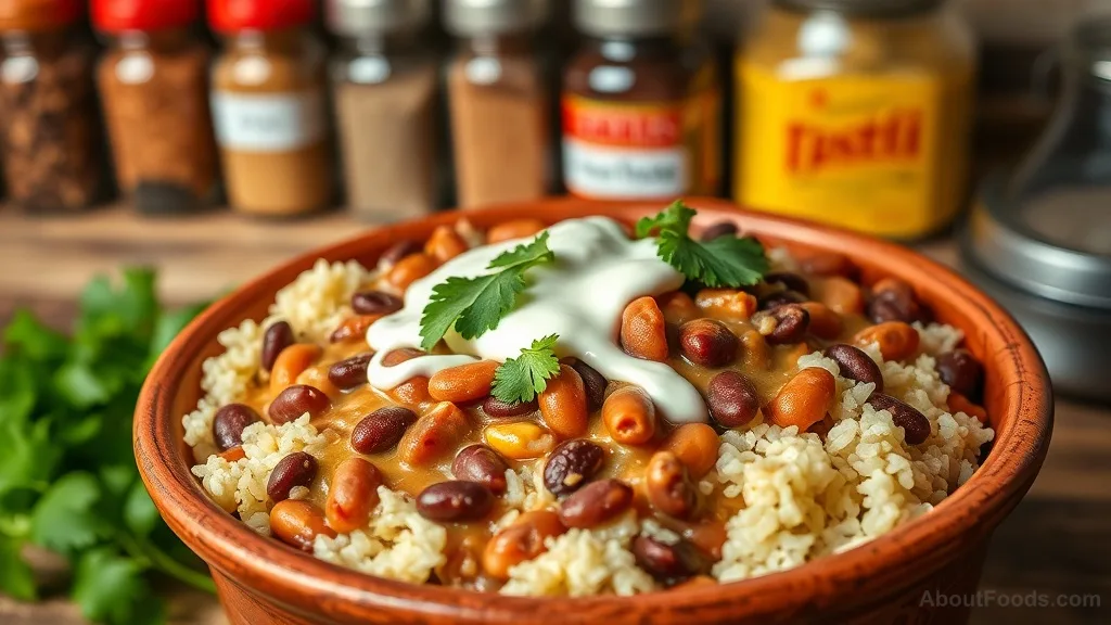 Close-up of a creamy bean and rice bowl in a clay dish with cilantro garnish