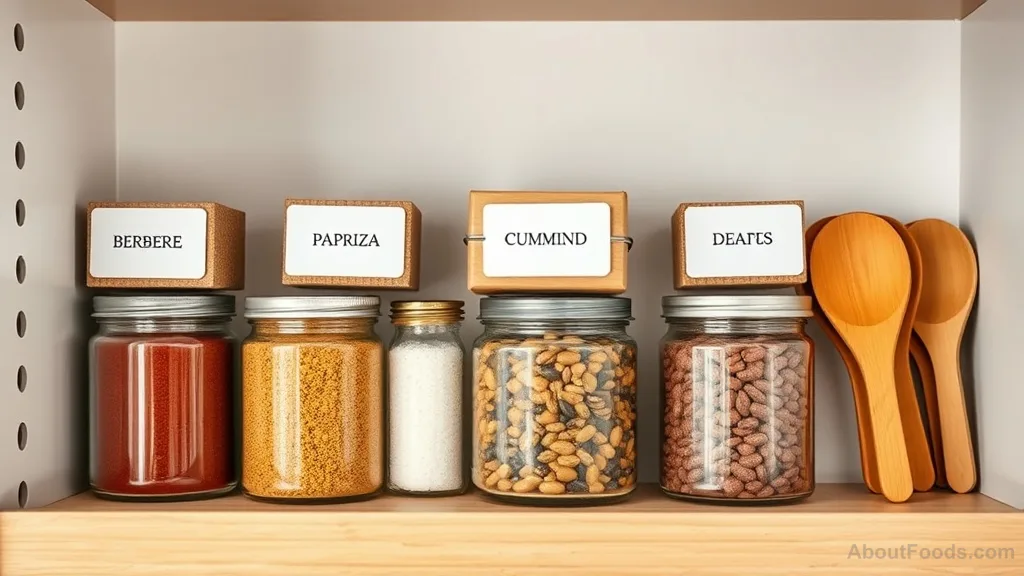 Well-organized pantry shelf with labeled glass jars of spices and dried goods