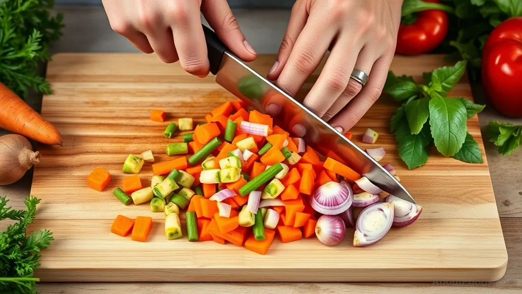 Close-up of vegetable preparation techniques on a cutting board