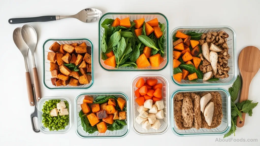 Meal prep containers with roasted vegetables and prepared ingredients ready for the week