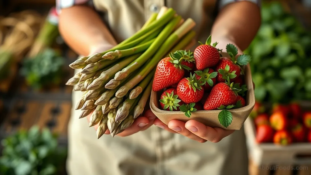 Hands holding fresh asparagus and strawberries