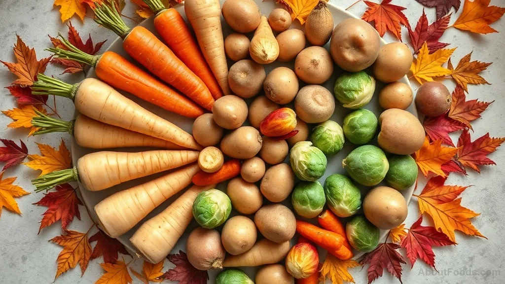 Autumn root vegetables and Brussels sprouts arranged in a circular pattern on a dark surface