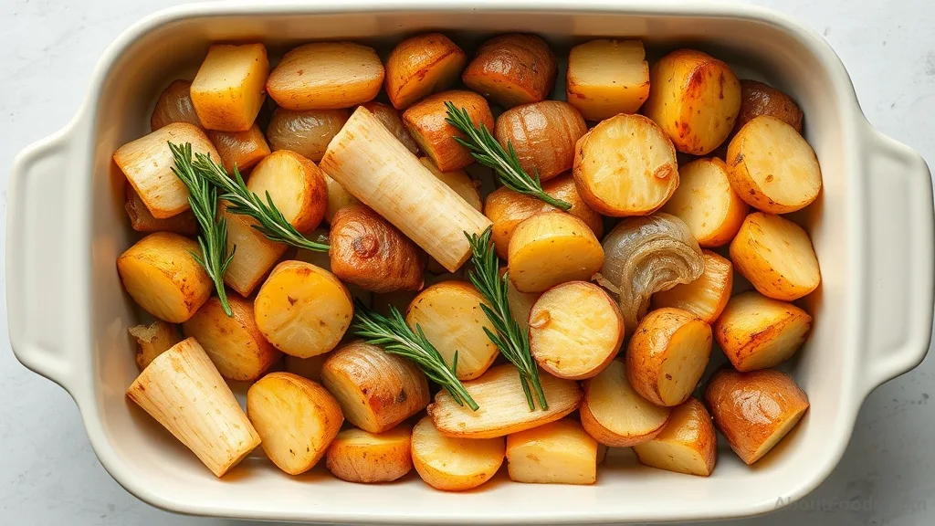 Roasted seasonal vegetables in a baking dish showing caramelized edges