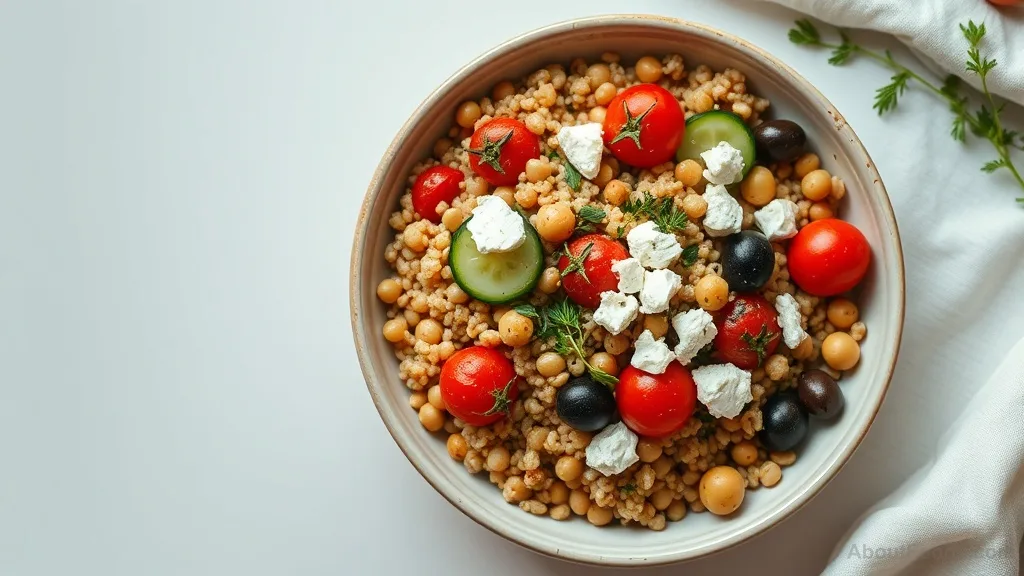 Mediterranean grain bowl with farro, vegetables, chickpeas, feta, and olives