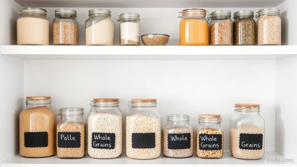 Organized pantry with glass jars storing various whole grains