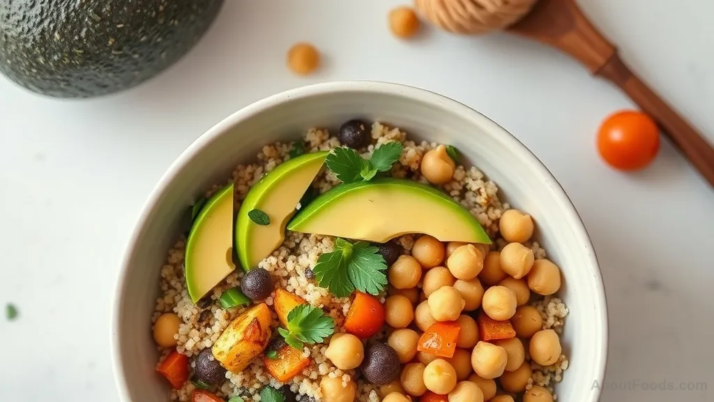 Healthy grain bowl with quinoa, roasted vegetables, chickpeas, and avocado