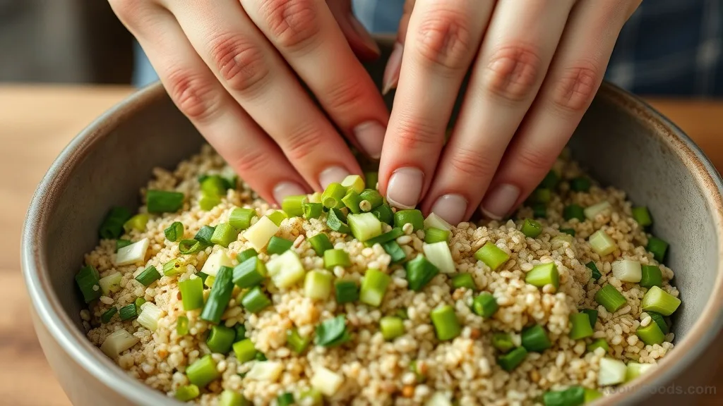 Hands mixing quinoa salad with edamame and scallions in a bowl