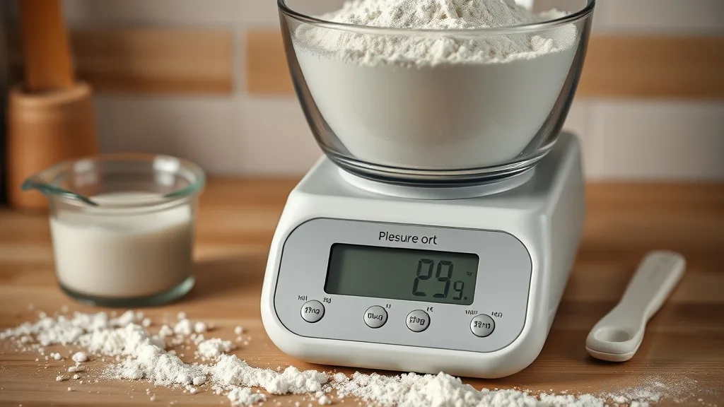 Digital kitchen scale weighing flour for baking