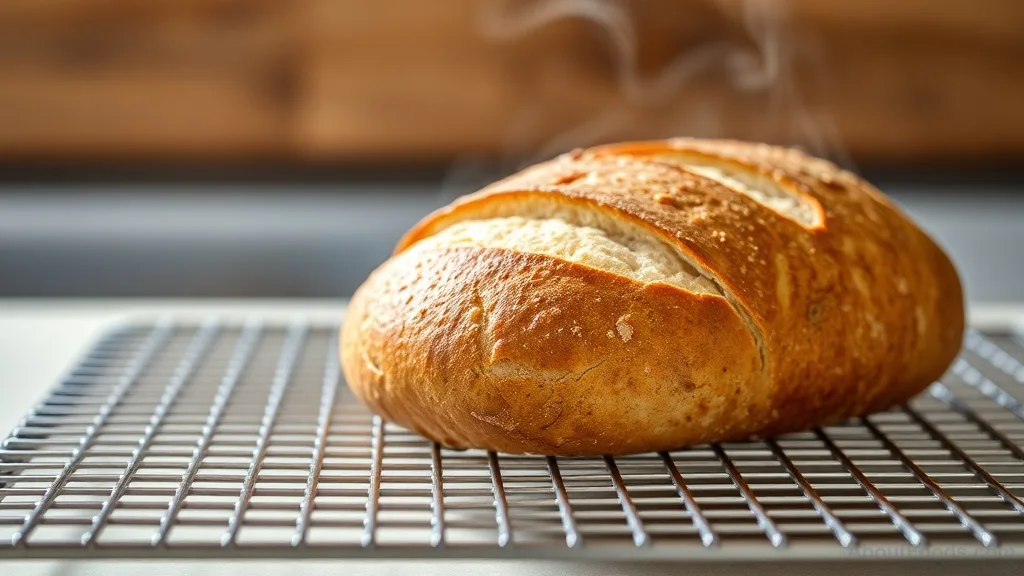 Freshly baked artisan bread loaf cooling on a wire rack