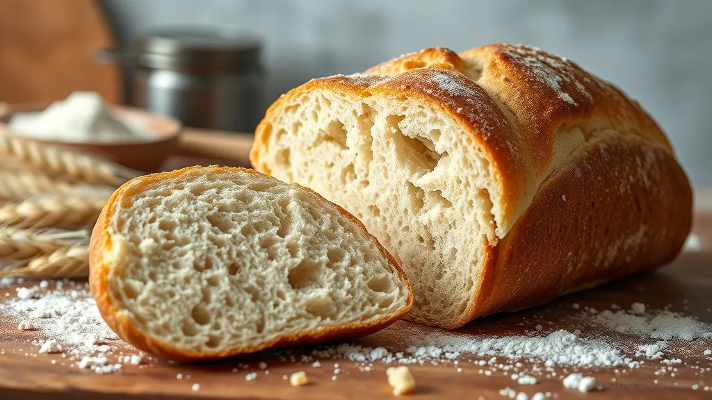 Cross-section of a baked bread loaf showing crispy crust and airy crumb texture