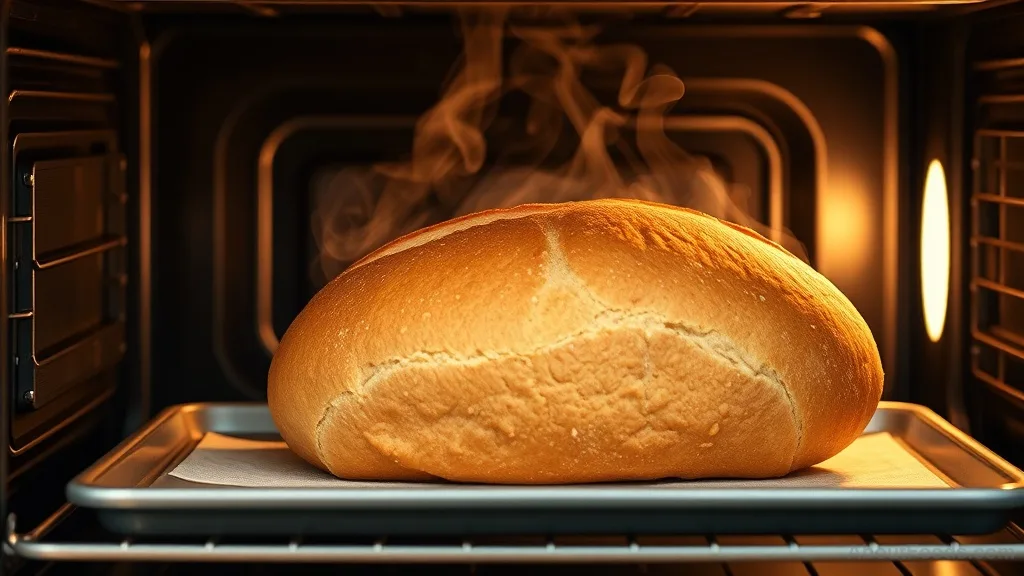 Golden-brown baking bread in an oven with visible steam