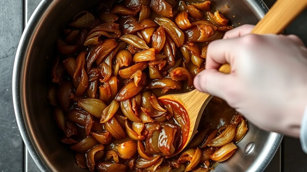 Stirring caramelized onions in a pot