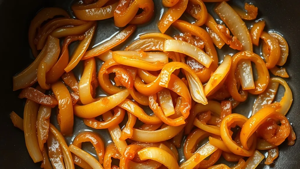 Caramelized onions in a skillet, amber and glossy