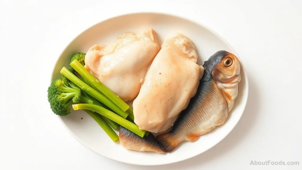 Plate of pale boiled chicken and blanched vegetables, no browning.