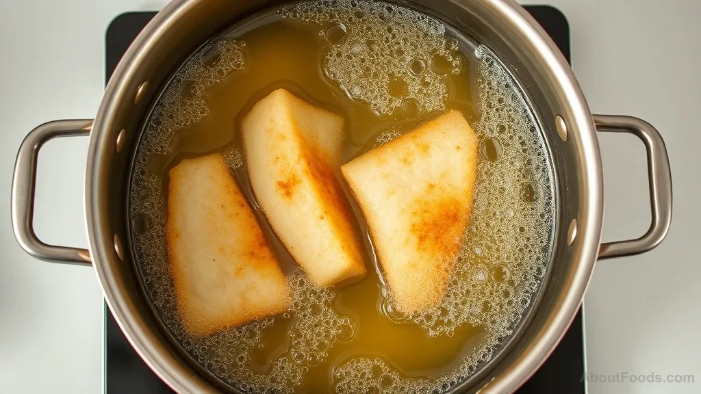 Battered fish being added to hot oil in a saucepan
