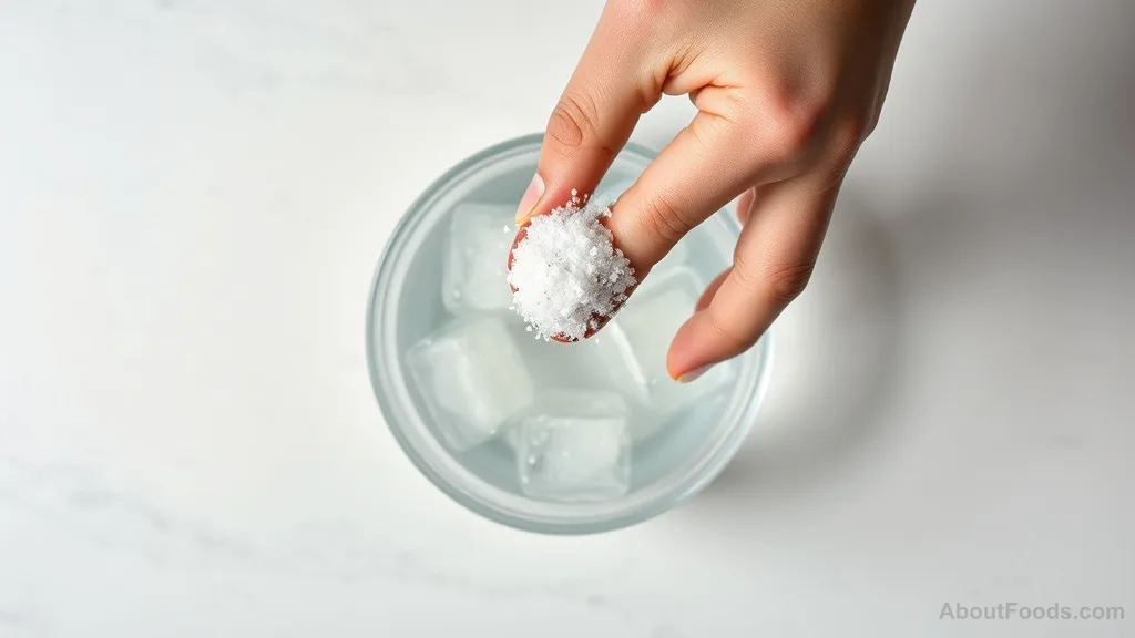 Hand sprinkling salt into a bowl of ice water