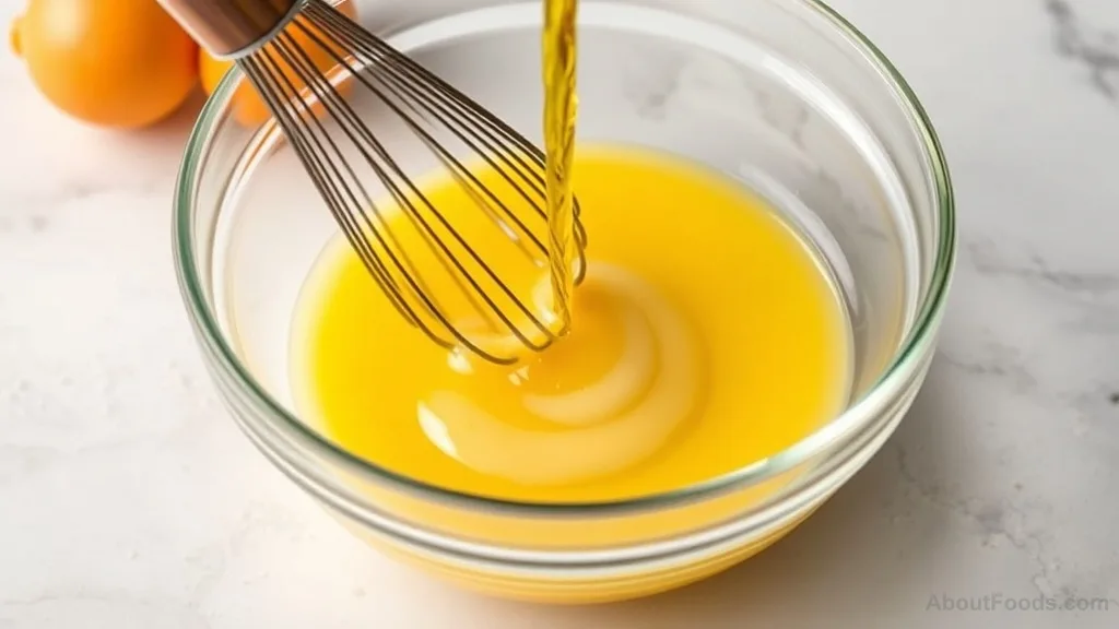 Whisking oil into egg yolk to make mayonnaise