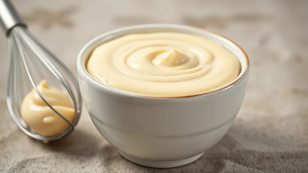 Creamy homemade mayonnaise in a bowl with whisk