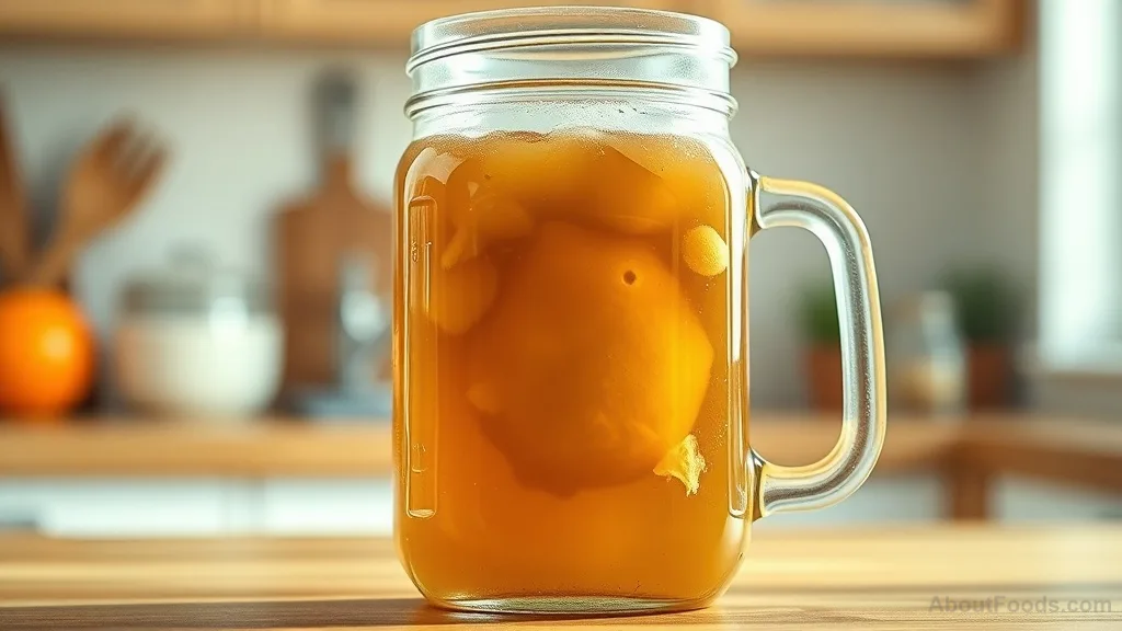 Homemade kombucha in a mason jar with SCOBY