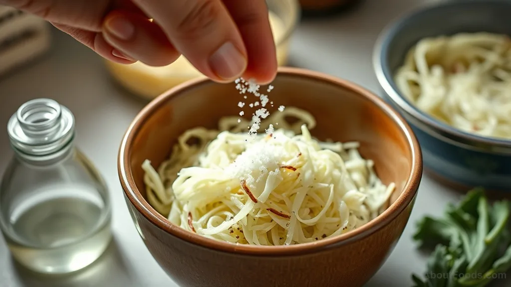 Hand sprinkling salt over shredded cabbage for sauerkraut