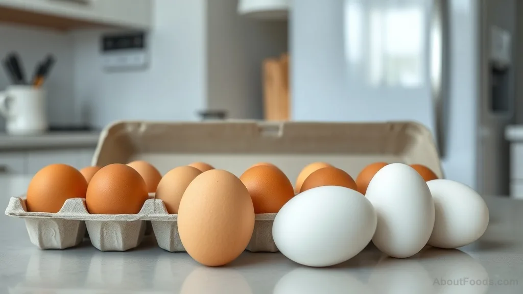 Egg carton on a kitchen counter, refrigerator in background