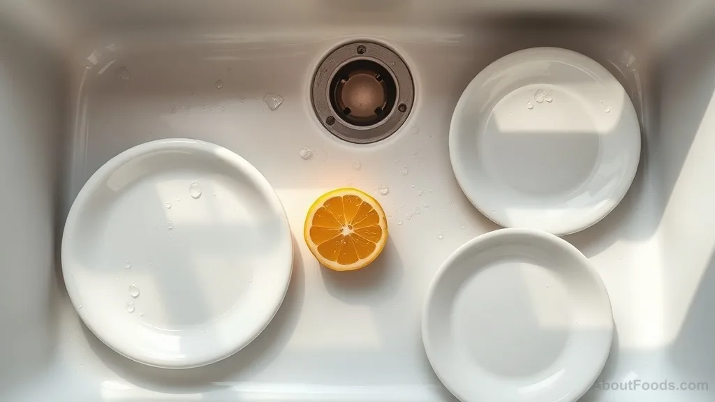 Dirty dishes in a sink with lemon