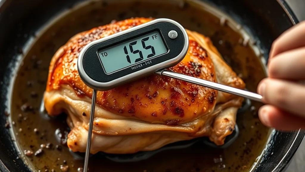 Meat thermometer reading 165°F in chicken thigh