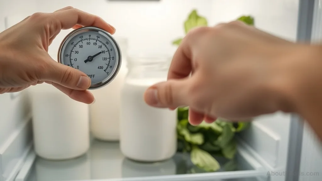 Hand adjusting a refrigerator thermometer to 40°F