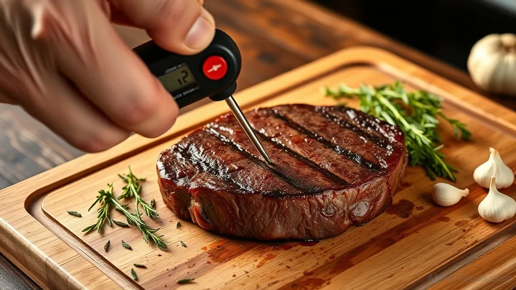 A hand inserting a digital thermometer into a steak on a wooden board.