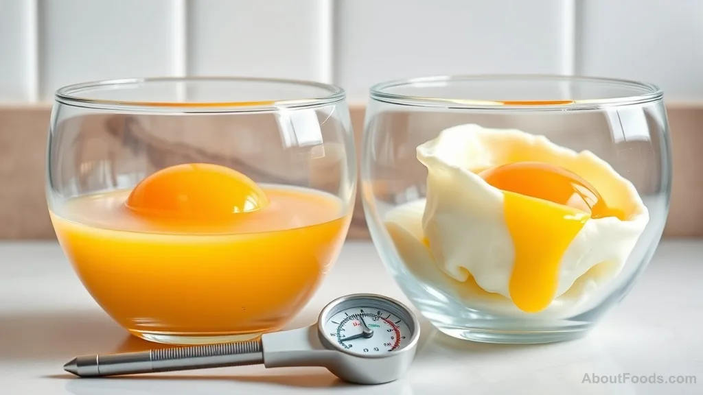 A raw egg and a poached egg side by side with a thermometer nearby.