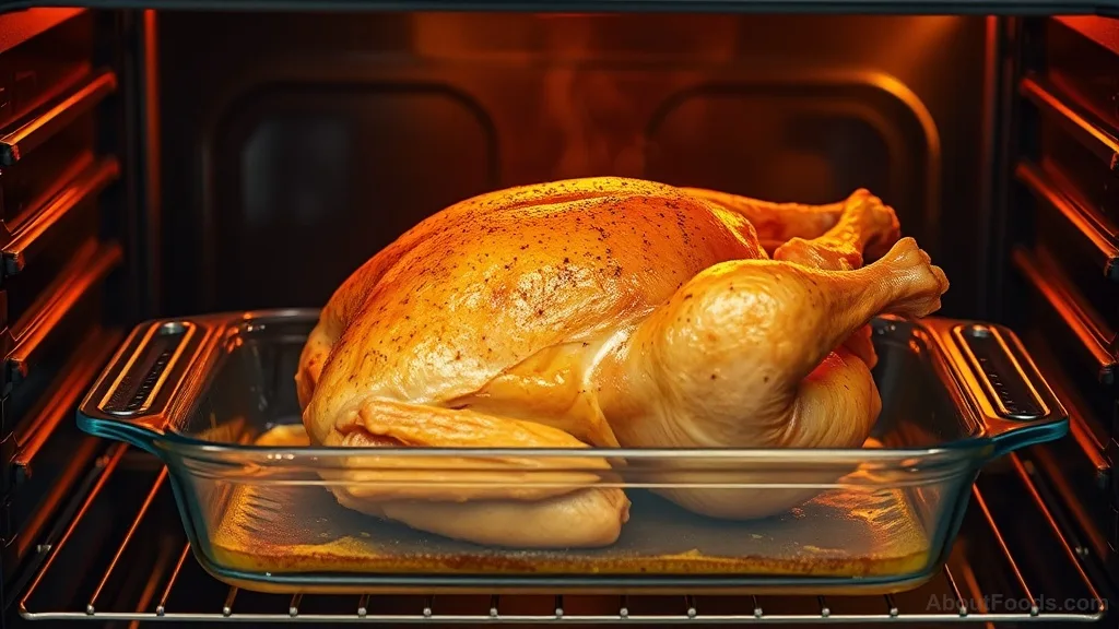 Roasting chicken in oven with golden crispy skin and meat thermometer.
