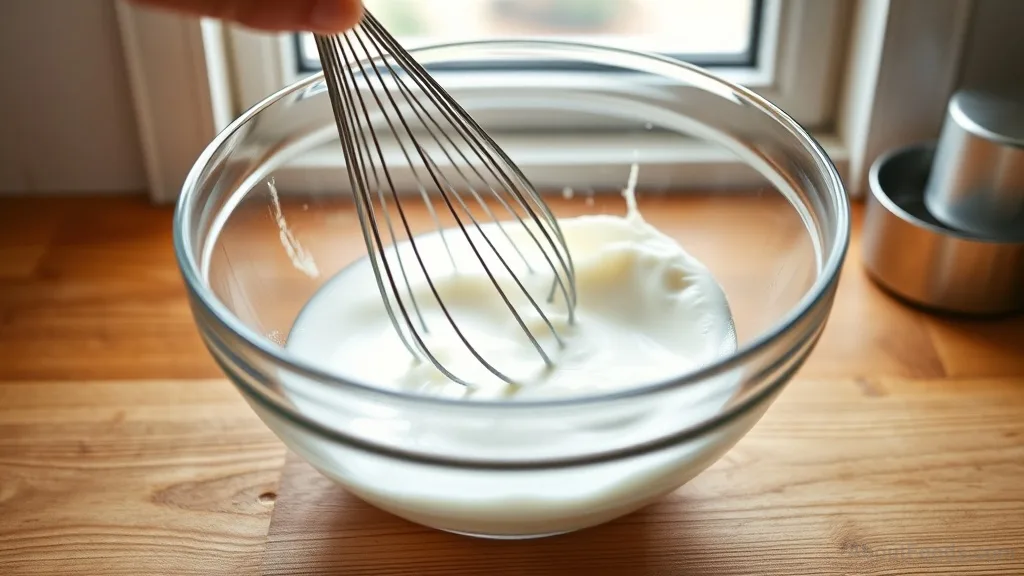 Whisking egg whites in a glass bowl for meringue