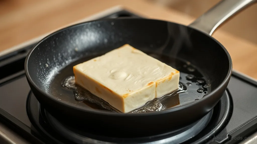 Piece of tofu sizzling in a pan with thin layer of oil