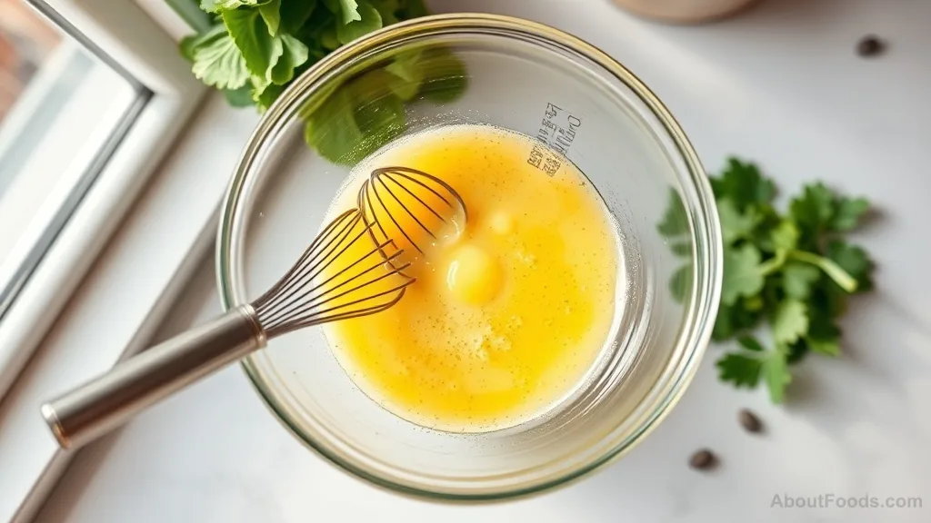 Whisking oil and vinegar into a creamy emulsion with mustard as stabilizer