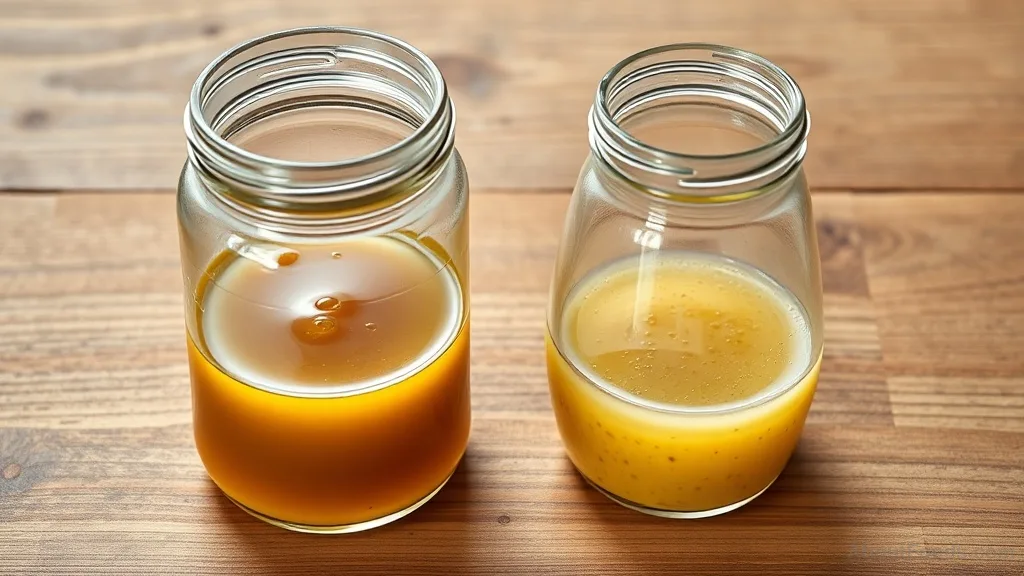 Comparison of broken and emulsified vinaigrette in glass jars.