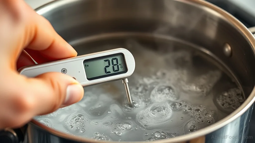 Digital thermometer hovering above simmering water