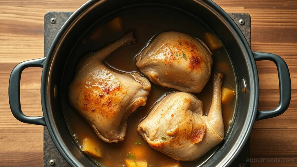 Braised chicken thighs in a pot with broth and vegetables