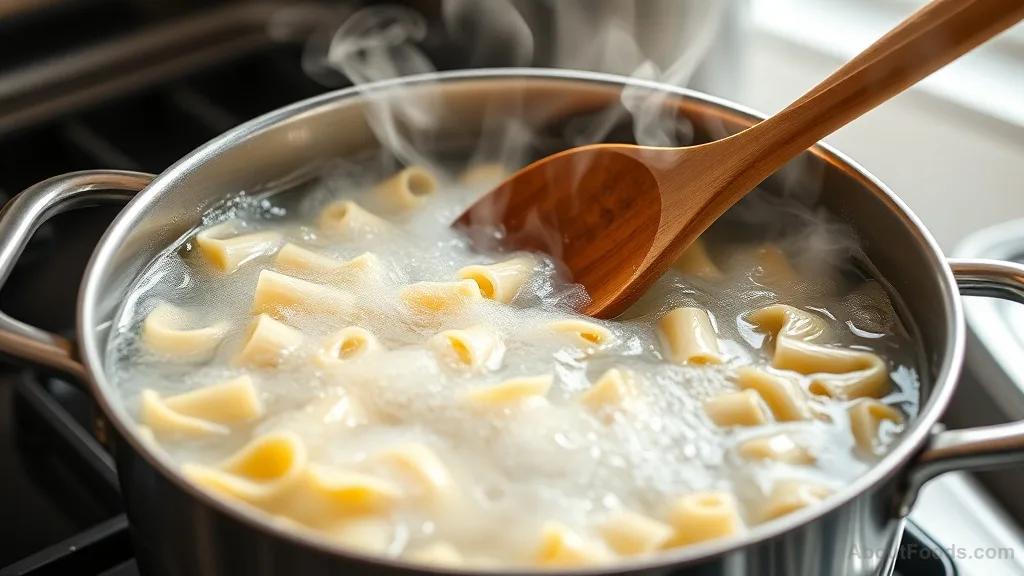 Boiling pasta in a pot with steam rising.