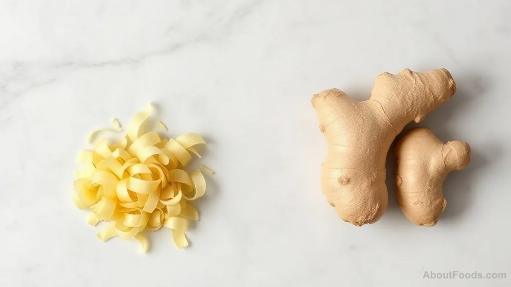 Ginger peel pile versus unpeeled ginger piece