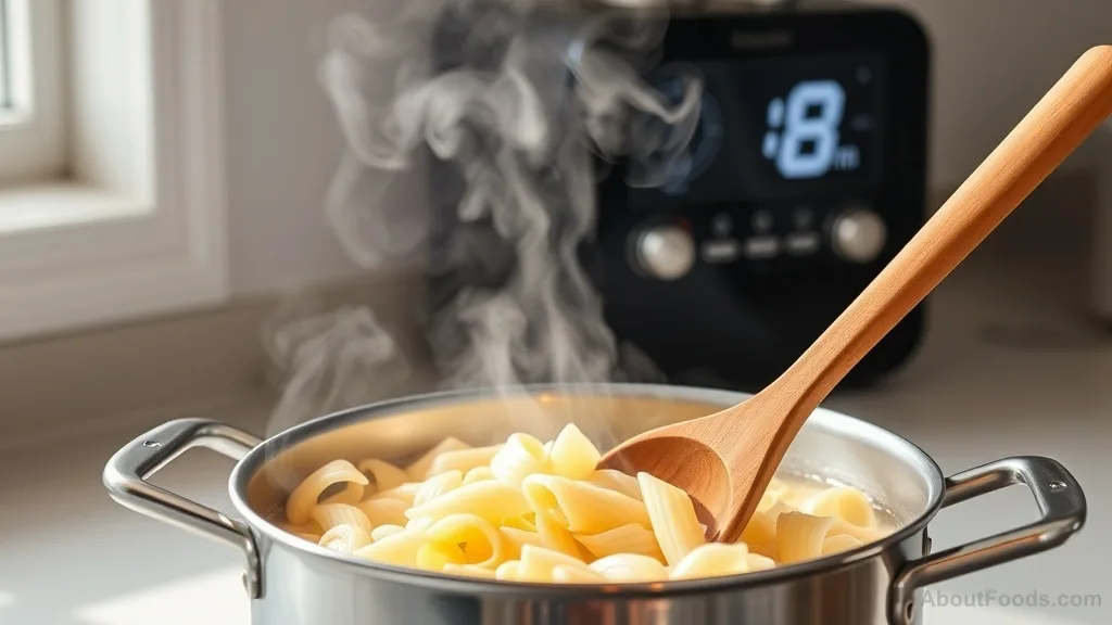 Wooden spoon stirring pasta in a pot of boiling water with a timer in the background